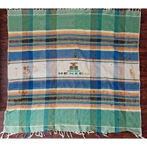 Vintage 1920s Mexico  Plaid Theme Cotton  Cardboard Tablecloth   Good Condition